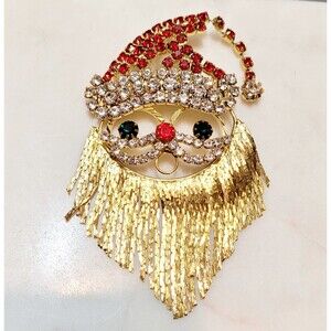 Vintage Gold Tone Santa Head Bearded Brooch Pin Lapel Rhinestones